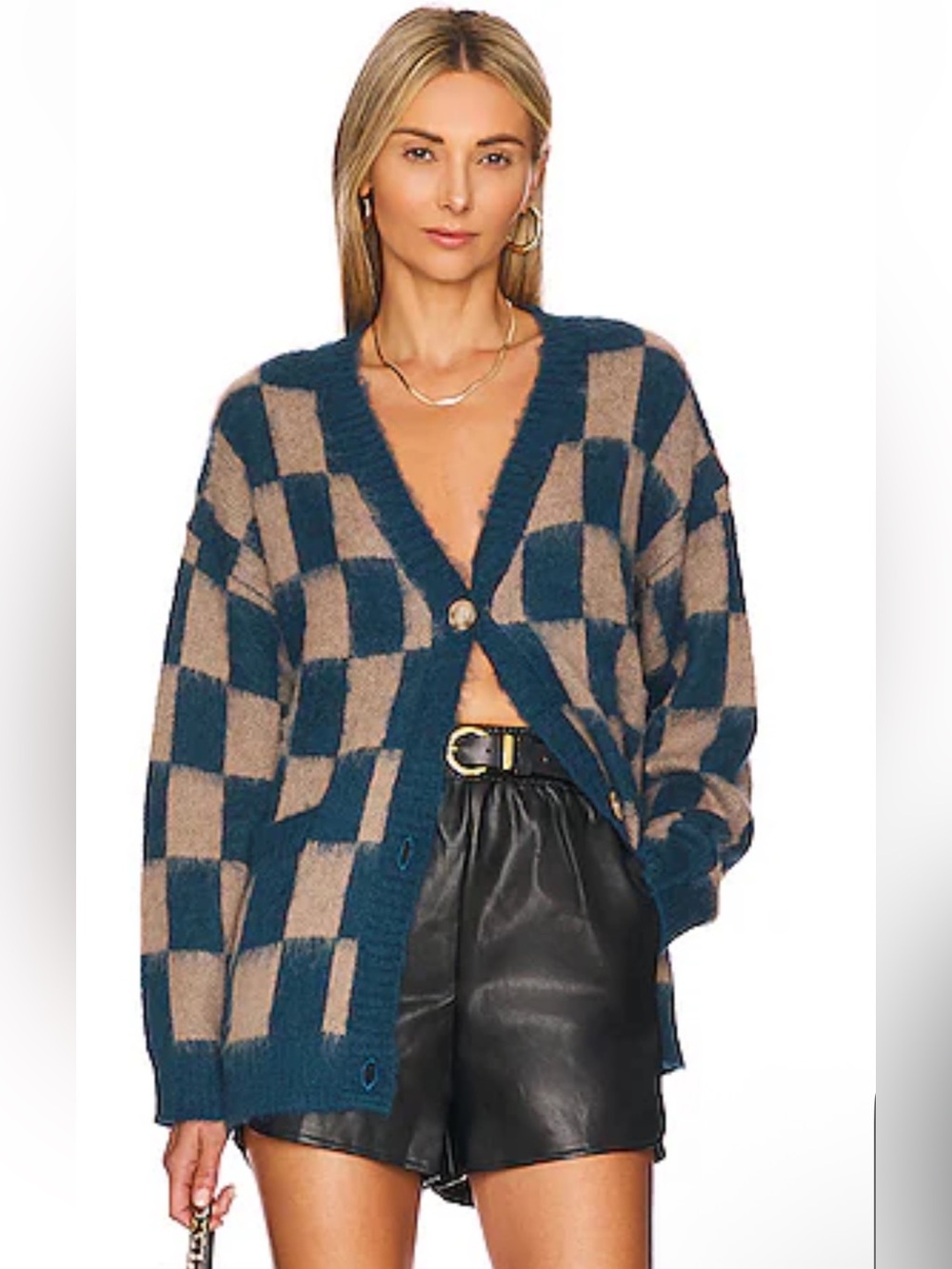 Women DAYDREAMER Mohair Checkered Cardigan Sweater-Midnight Tide Blue-Large